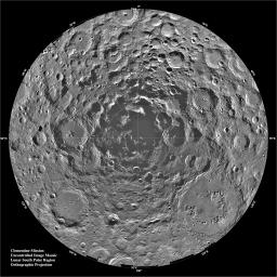 This orthographic projection is centered on the south polar region of the moon as seen by NASA's Clementine spacecraft. The Schrodinger Basin is located in the lower right of the mosaic.