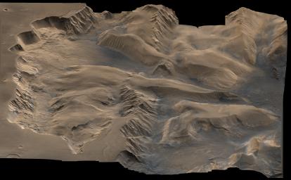 An oblique, color image of central Valles Marineris, Mars showing relief of Ophir and Candor Chasmata; view toward east. The photograph is a composite of Viking high-resolution images in black and white and low-resolution images in color. 