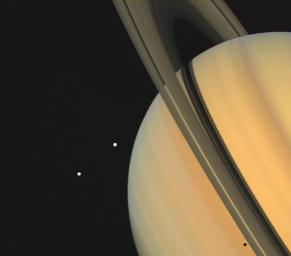 Saturn and two of its moons, Tethys (above) and Dione, were photographed by NASA's Voyager 1 on November 3, 1980, from 13 million kilometers (8 million miles).