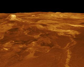 A portion of western Eistla Regio is displayed in this three-dimensional perspective view from NASA's Magellan spacecraft of the surface of Venus.
