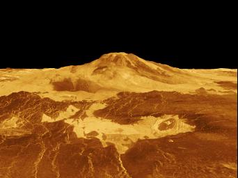 Maat Mons is displayed in this computer generated three-dimensional perspective of the surface of Venus. This NASA Magellan image was released on April 22, 1992.