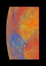 This false-color mosaic of part of the Moon was constructed from 54 images taken by the imaging system aboard NASA's Galileo as the spacecraft flew past the Moon on December 7, 1992.