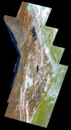 This false-color mosaic of the central part of the Andes mountains of South America (70 degrees w. longitude, 19 degrees s. latitude) is made up of 42 images acquired by NASA's Galileo spacecraft from an altitude of about 25,000 kilometers (15,000 miles).