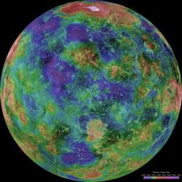 The hemispheric view of Venus, as revealed by more than a decade of radar investigations culminating in NASA's 1990-1994 Magellan mission, is centered at 0 degrees east longitude. 