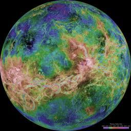The view of Venus, after more than a decade of radar investigations culminating in the 1990-1994 NASA Magellan mission, is centered at 180 degrees east longitude.