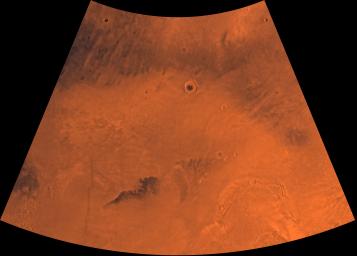 Mars digital-image mosaic merged with color of the MC-2 quadrangle, Diacria region of Mars. This image is from NASA's Viking Orbiter 1.