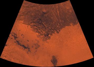 Mars digital-image mosaic merged with color of the MC-6 quadrangle, Casius region of Mars. This image is from NASA's Viking Orbiter 1.