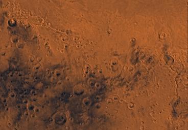 Mars digital-image mosaic merged with color of the MC-23 quadrangle, Aeolis region of Mars. This image is from NASA's Viking Orbiter 1.