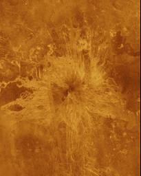 Ushas Mons, a volcano in the southern hemisphere of Venus is shown in this radar image from NASA's Magellan spacecraft. The volcano is marked by numerous bright lava flows and a set of north-south trending fractures.