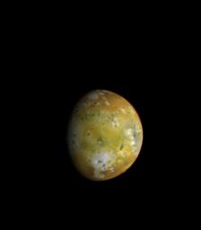 The mottled face of Jupiter's volcanically active moon Io as viewed by NASA's Galileo spacecraft. 
