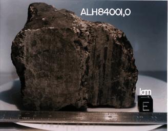 This 4.5 billion-year-old rock, labeled meteorite ALH84001, is one of 10 rocks from Mars in which researchers have found organic carbon compounds that originated on Mars without involvement of life.