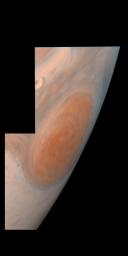 This view of Jupiter's Great Red Spot is a mosaic of two images taken by NASA's Galileo spacecraft. The Great Red Spot is a storm in Jupiter's atmosphere and is at least 300 years-old. The image was taken on June 26, 1996.
