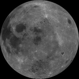 The dark albedo features Mare Smythii (image center) and Mare Marginis (above Smythii) are visible in this image of the Moon from NASA's Clementine spacecraft.