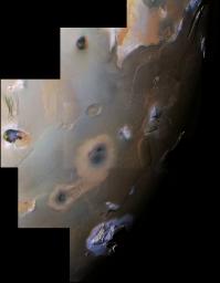 This archival image mosaic from NASA's Voyager 1 shows Io's south polar region. The South Pole is near the terminator (line between daylight and night) at right center. Haemus Mons, a 10-km high (32,000 foot) mountain is at bottom. 
