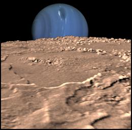This composite view from NASA's Voyager 2 shows Neptune on Triton's horizon. The foreground in this computer generated view of Triton's maria as they would appear from a point approximately 45 km above the surface.