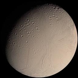 This color image mosaic from NASA's Voyager 2 shows the water-ice-covered surface of Enceladus, one of Saturn's icy moons. Enceladus' diameter of just 500 km would fit across 

the state of Arizona,