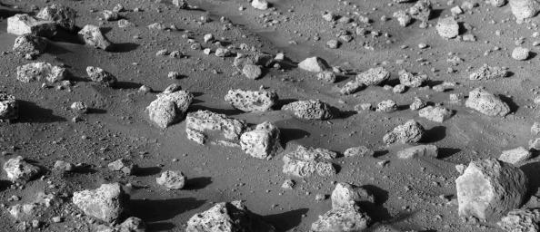 NASA's Viking Lander 2 captured this image of rocks nearby a large impact crater. Most rocks appear to have vesicles, or small holes, in them.