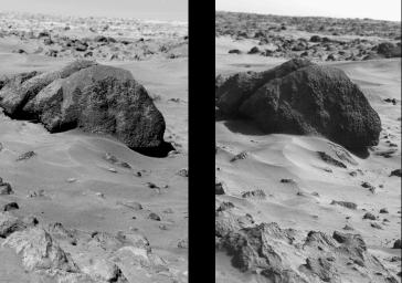 This pair of pictures from NASA's Viking Lander 1 at Mars' Chryse Planitia shows the only unequivocal change in the Martian surface seen by either lander. A high boulder nicknamed 'Big Joe' is shown next to a small-scale slump feature.