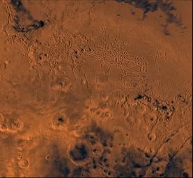 Nilosyrtis Mensae region of Mars containing the impact craters Antoniadi and Baldet (south to north) in the lower left corner; north toward top, as seen by NASA's Viking spacecraft.