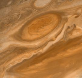 NASA's Voyager 2 shows the Great Red Spot and the south equatorial belt extending into the equatorial region. At right is an interchange of material between the south equatorial belt and the equatorial zone.