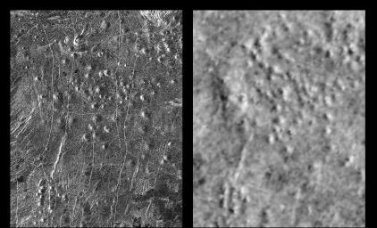 These radar images show an identical area on Venus as imaged by the NASA's Magellan spacecraft in 1991 (left) and the U.S.S.R. Venera 15/16 spacecraft in the early 1980's (right).