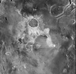 Crater Isabella is seen in this radar image from NASA's Magellan spacecraft. The second largest impact crater on Venus, the crater is named in honor of the 15th Century queen of Spain, Isabella of Castile.

