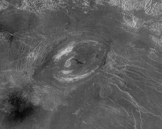 This image from NASA's Magellan spacecraft reveals Sacajawea Patera, a large, elongate caldera located in Western Ishtar Terra on the smooth plateau of Lakshmi Planum.