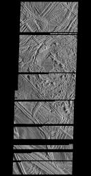 This is a composite of two images of Jupiter's icy moon Europa obtained from a range of 2119 miles (3410 kilometers) by NASA's Galileo spacecraft during its fourth orbit around Jupiter and its first close pass of Europa.