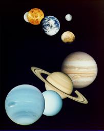 This is a montage of planetary images taken by spacecraft managed by NASA's Jet Propulsion Laboratory in Pasadena, CA. Included are (from top to bottom) images of Mercury, Venus, Earth (and Moon), Mars, Jupiter, Saturn, Uranus and Neptune.