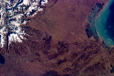 This image from NASA's KidSat spans the region of Venetia from the city of Venice, Italy, on the coast of the Adriatic Sea north to the snow-capped Alps. Venice appears in the lower left part of the image, and the Alps appear in the lower right. 