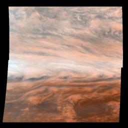 Pseudo-true color mosaic of a belt-zone boundary near Jupiter's equator. The images that make up the four quadrants of this mosaic were taken within a few minutes of each other by NASA's Galileo orbiter.