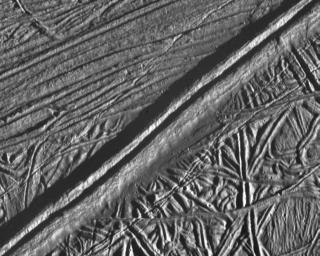 This view of the icy surface of Jupiter's moon, Europa, is a mosaic of two pictures taken by the Solid State Imaging system on board NASA's Galileo spacecraft during a close flyby of Europa on February 20, 1997.