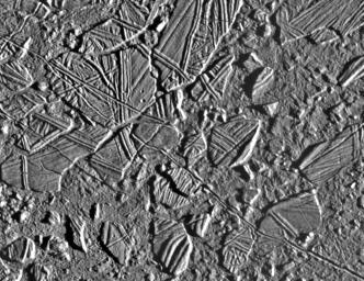 This image taken on Feb. 20, 1997 by NASA's Galileo spacecraft, shows the ice-rich crust of Europa, one of the moons of Jupiter.