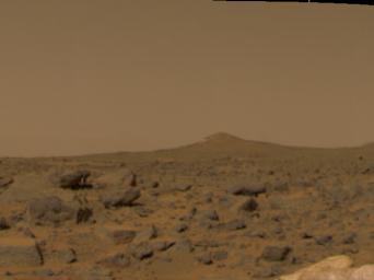 This image of the Martian surface was taken in the afternoon of NASA's Mars Pathfinder's first day on Mars. Taken by the Imager for Mars Pathfinder (IMP camera), the image shows a diversity of rocks strewn in the foreground.