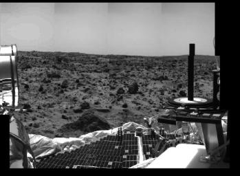 Several prominent features of NASA's Mars Pathfinder and surrounding terrain are seen in this image, taken by the Imager for Mars Pathfinder on July 4 (Sol 1), the spacecraft's first day on the Red Planet.