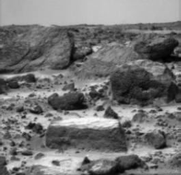 A close-up of the rectangular rock called 'Flat Top' from NASA's Mars Pathfinder (MPF) rover Sojourner in July, 1997.