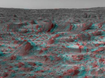 Many prominent rocks near the Sagan Memorial Station are featured in this image, from NASA's Mars Pathfinder. Wedge is at lower left; Shark, Half-Dome, and Pumpkin are at center. 3-D glasses are necessary to identify surface detail.