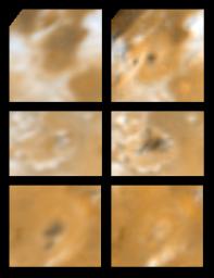 Two views of three areas on Jupiter's moon Io showing changes seen on June 27th, 1996 by NASA's Galileo spacecraft as
compared to views seen by the Voyager spacecraft during the 1979 flybys.