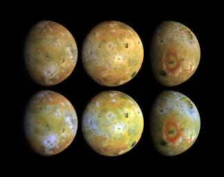 Three views of the full disk of Jupiter's volcanic moon, Io, each shown in natural and enhanced color. These three views, taken NASA's Galileo in late June 1996, show about 75 percent of Io's surface.