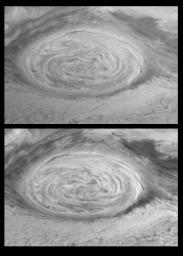 These mosaics (6 frames each) were taken nine hours apart and reveal Jupiter's winds through the movements of cloud features by NASA's Galileo orbiter June 26th, 1996.