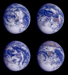 Global images of Earth from NASA's Galileo orbiter on December 11, 1999. In each frame, the continent of Antarctica is visible at the bottom of the globe.