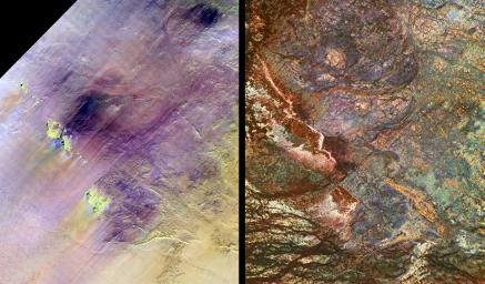 These images show two views of a region of south-central Egypt. On the left is an optical image from NASA's Landsat Thematic Mapper, and on the right is a radar image from NASA's Spaceborne Imaging Radar-C/X-band Synthetic Aperture Radar (SIR-C/X-SAR).