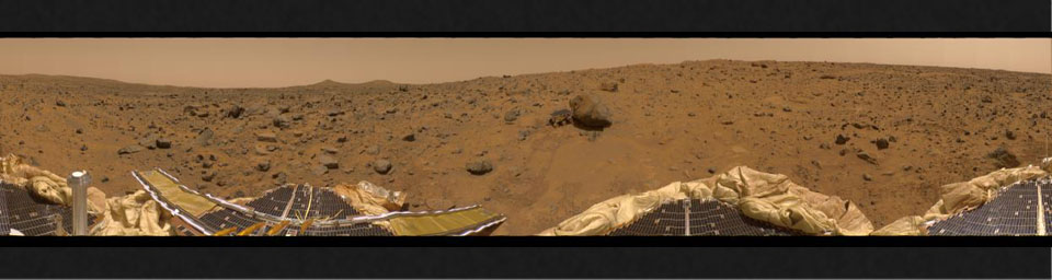 This is the first contiguous, uniform 360-degree color panorama taken by NASA's Imager for Mars Pathfinder (IMP) during July 8-10, 1997. Different regions were imaged at different times to acquire consistent lighting and shadow conditions for all areas.