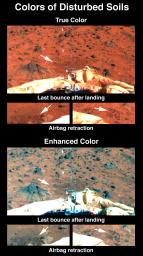 Disturbance of the drift at NASA's Mars Pathfinder's landing site reveals a shallow subsurface that is slightly darker but has similar spectral properties.