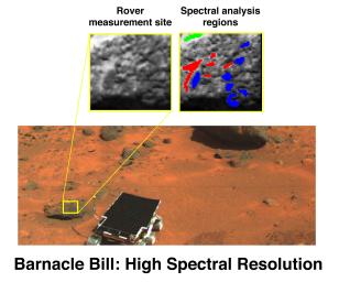 NASA's rover Sojourner's first target for measurement by the Alpha-Proton-Xray Spectrometer (APXS) was the rock named 'Barnacle Bill', located close to the ramp down which the rover made its egress from the lander.
