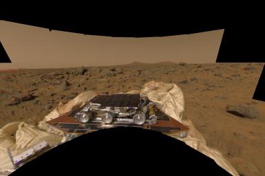 This image features a different perspective of one of the first pictures taken by NASA's Imager for Mars Pathfinder (IMP) lander shortly after its touchdown at 10:07 AM Pacific Daylight Time on July 4. Sol 1 began on July 4, 1997.