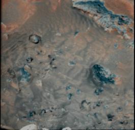 This false-color combination image highlights details of wind effects on the Martian soil at NASA's Pathfinder landing site. Red and blue filter images have been combined to enhance brightness contrasts among several soil units.