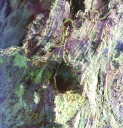 This radar image covers a portion of the Richtersveld National Park and Orange River (top of image) in the Northern Cape Province of the Republic of South Africa.