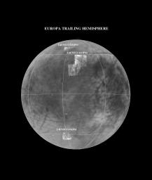 This image shows the Near Infrared Mapping Spectrometer (NIMS) observations of selected areas of Europa's trailing hemisphere during NASA's Galileo E4 encounter on 19 December 1996.