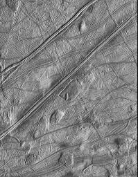 The Solid State Imaging system aboard the NASA's Galileo spacecraft took this image of the surface of Europa on 

February 20, 1997 during its sixth orbit around Jupiter.